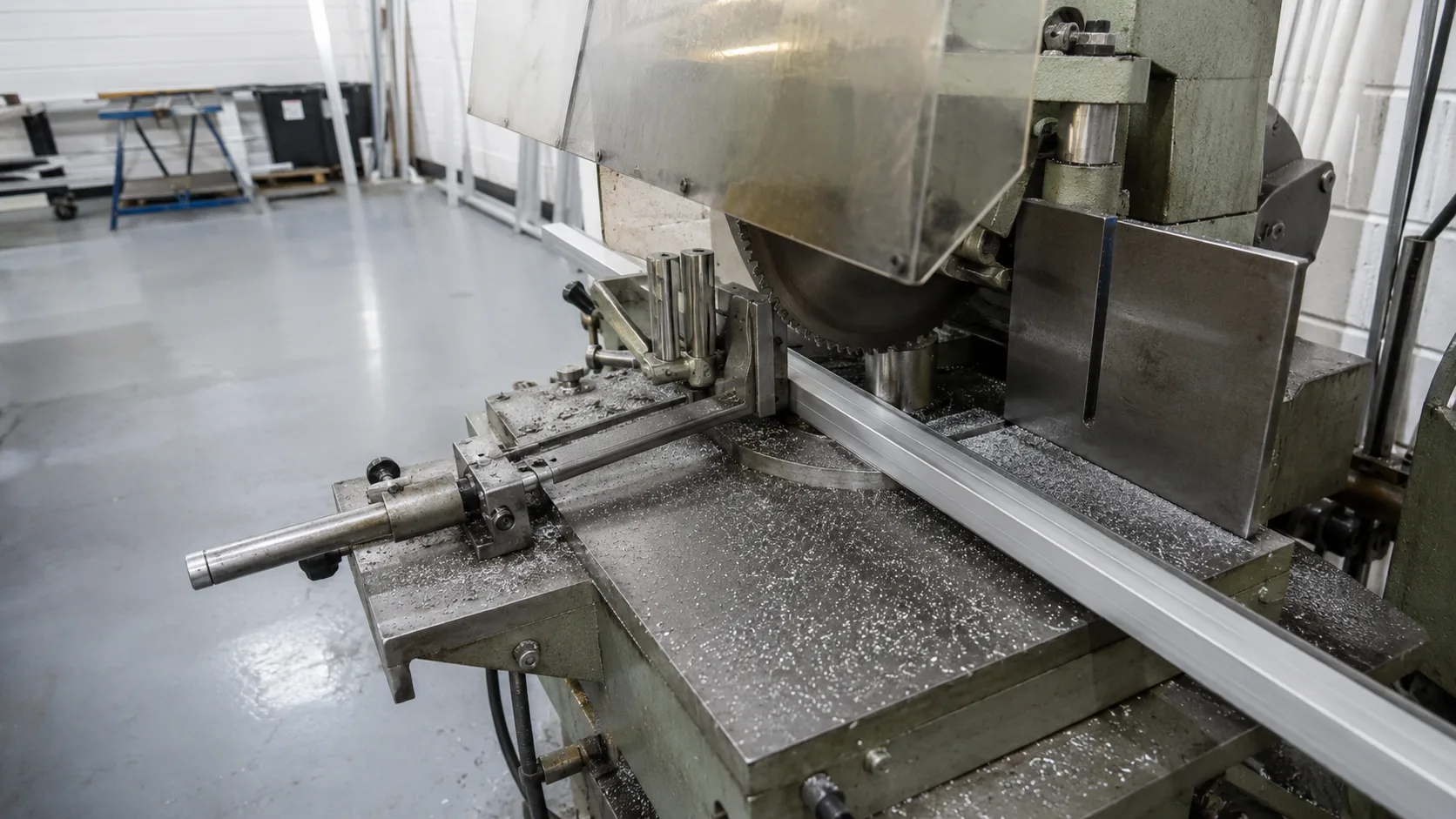 Precision saw cutting extruded aluminum profiles to length with a gauged stop at our India partner facility