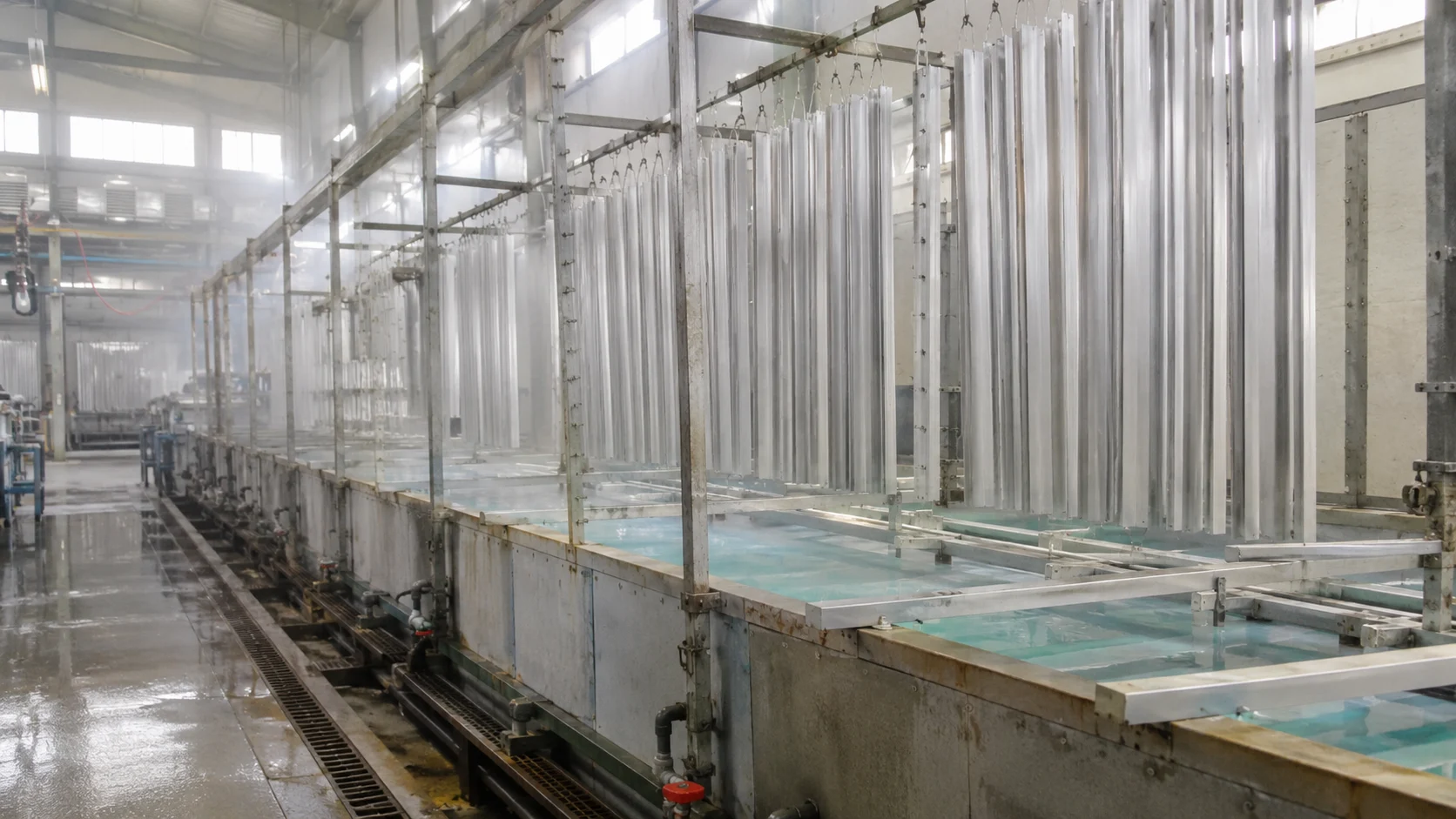 Extruded aluminum profiles racked on an anodizing line before the clear anodize tank at our India partner facility
