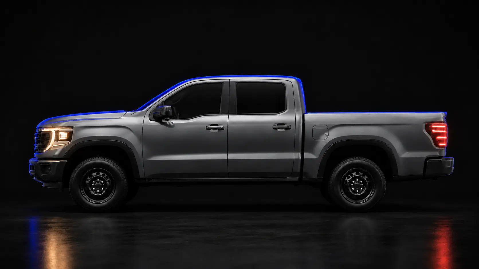 Matte charcoal pickup truck representing the finished vehicle built from the automotive part families made through VIA INDIGOS