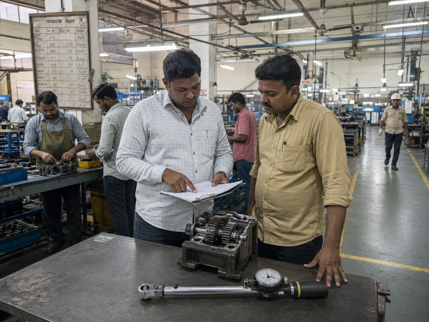 Our engineer reviewing the torque record sheet with the assembly supervisor at our India partner facility before the first PO