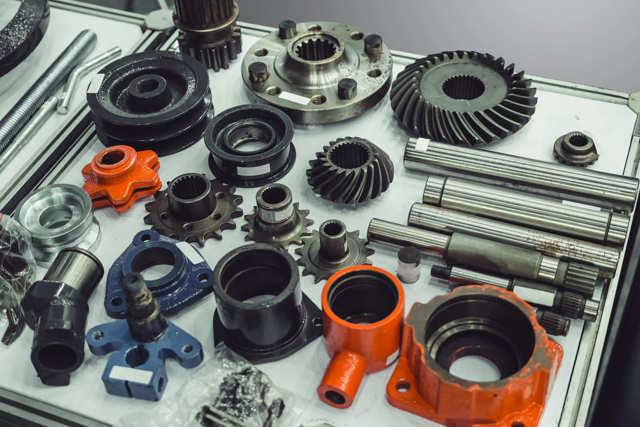 Tractor PTO bevel gears, shafts and driveline components laid out for inspection at a VIA INDIGOS partner machining plant in India