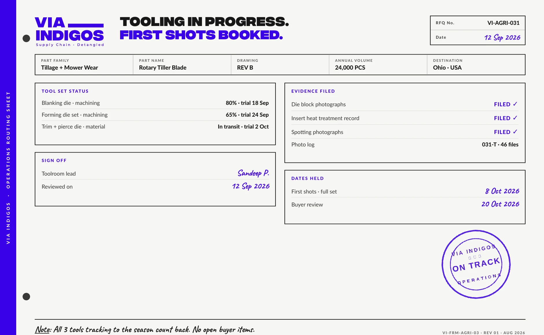 VIA INDIGOS tooling status sheet for a tiller blade forming die showing design, approval, material and machining progress with sample target dates