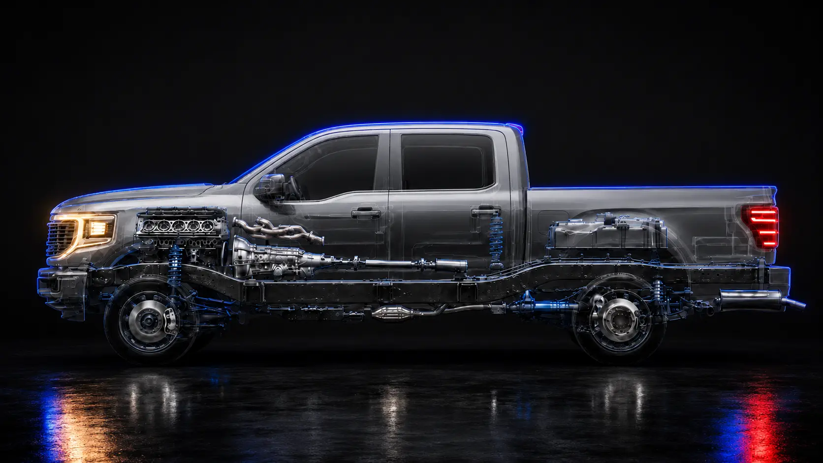 See through pickup truck showing brake, suspension, chassis and driveline parts made through India partner plants