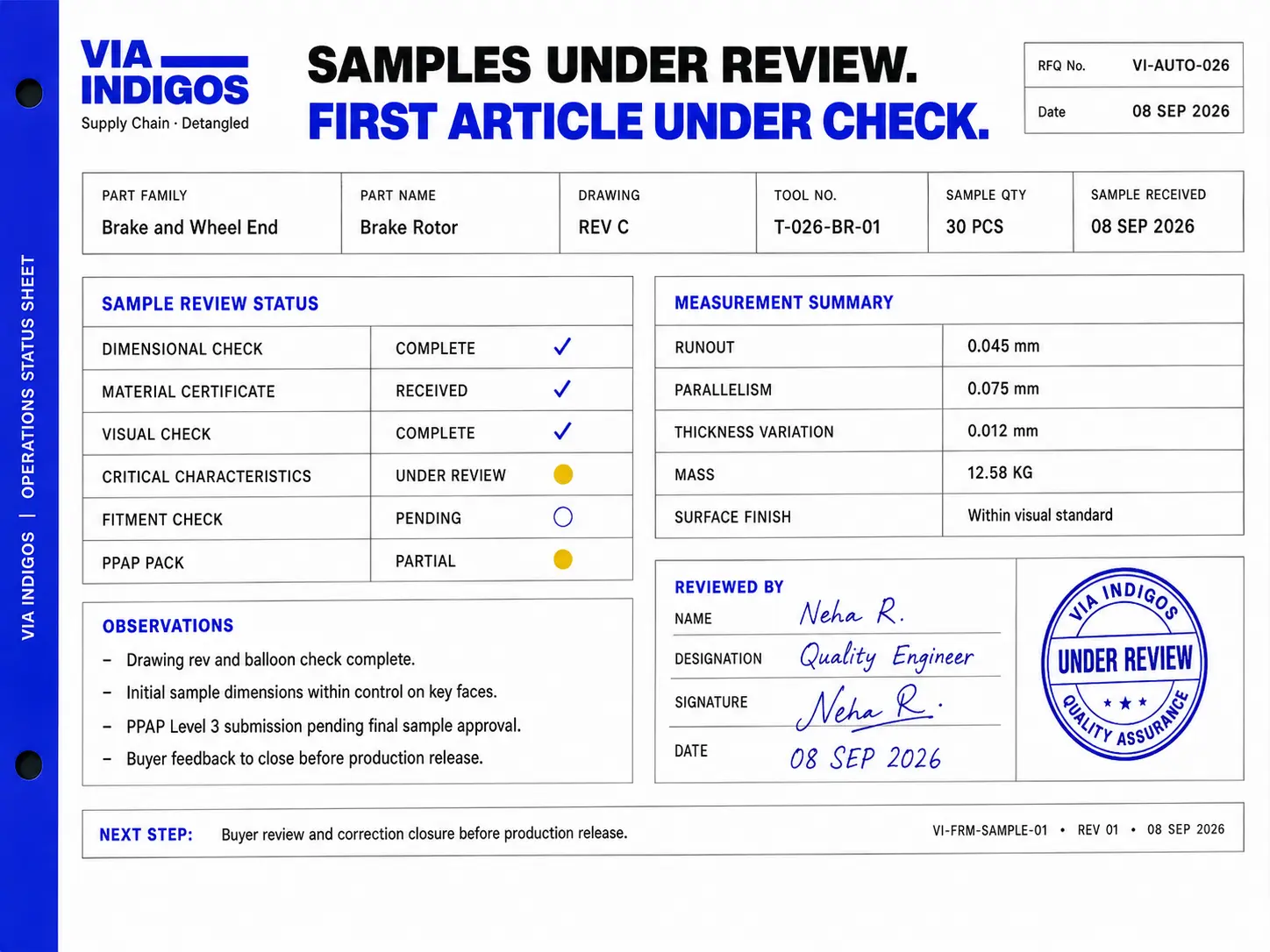 VIA INDIGOS sample review sheet tying brake rotor dimensional results to the drawing with accepted callouts and open points