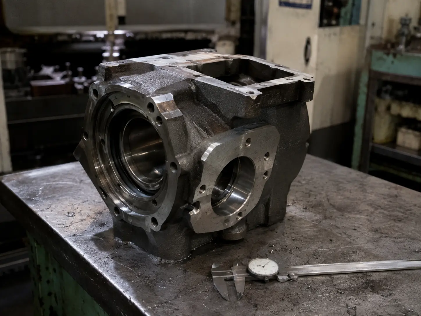 Cast iron rotary tiller gearbox housing with machined bearing bores on the bench at a VIA INDIGOS partner foundry and machining plant in India