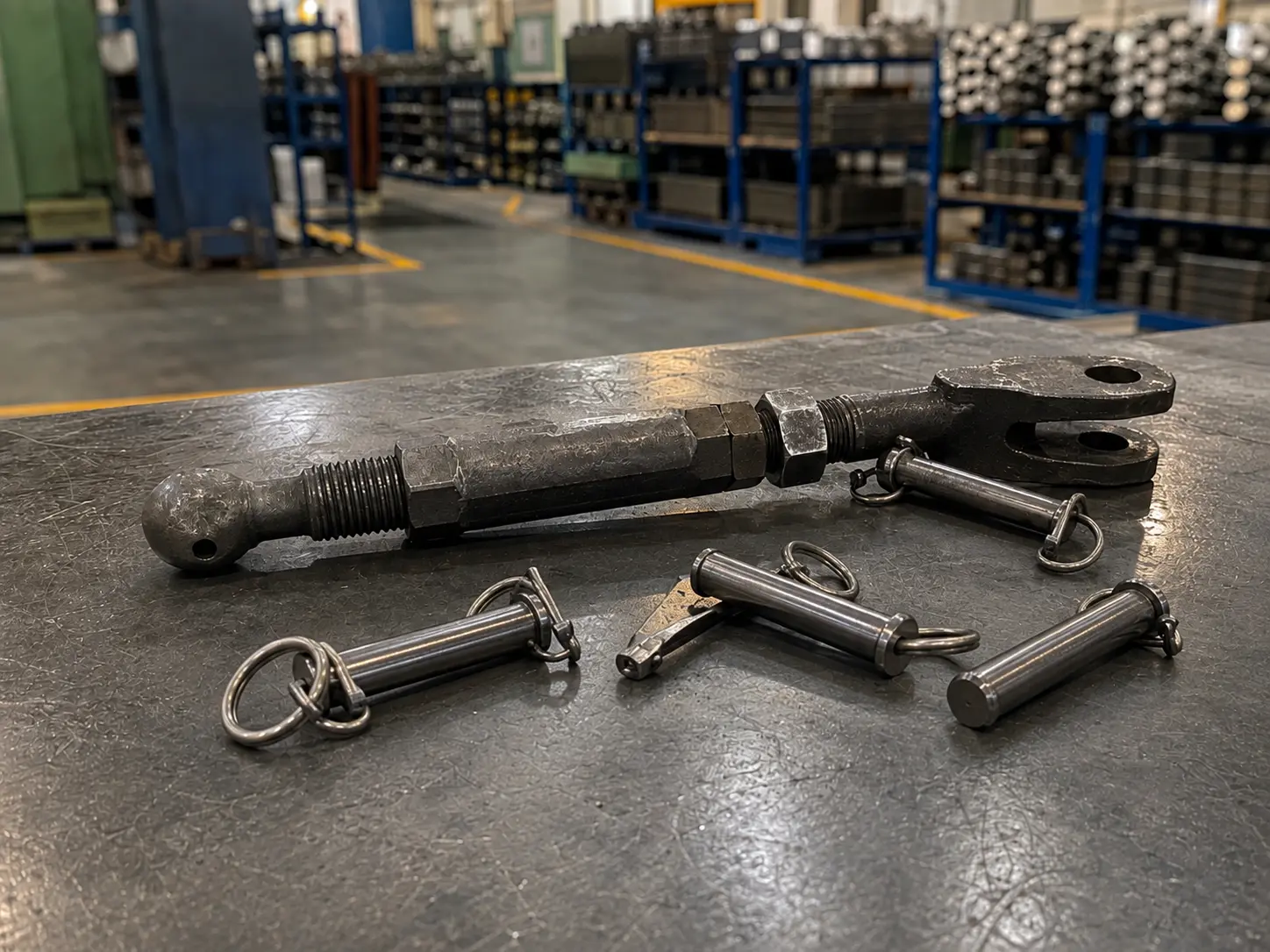 Forged tractor three point linkage top link and hitch pins with linch pins on the bench at a VIA INDIGOS partner forging plant in India