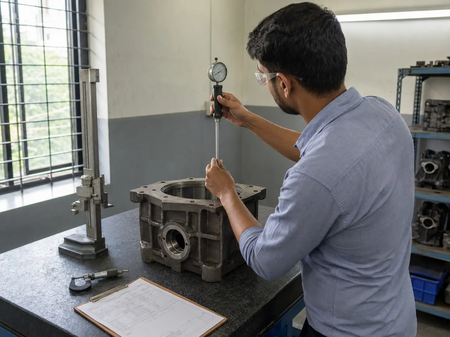 Engineer measuring the bearing bore of a cast iron agricultural gearbox housing with a dial bore gauge at a VIA INDIGOS partner plant in India