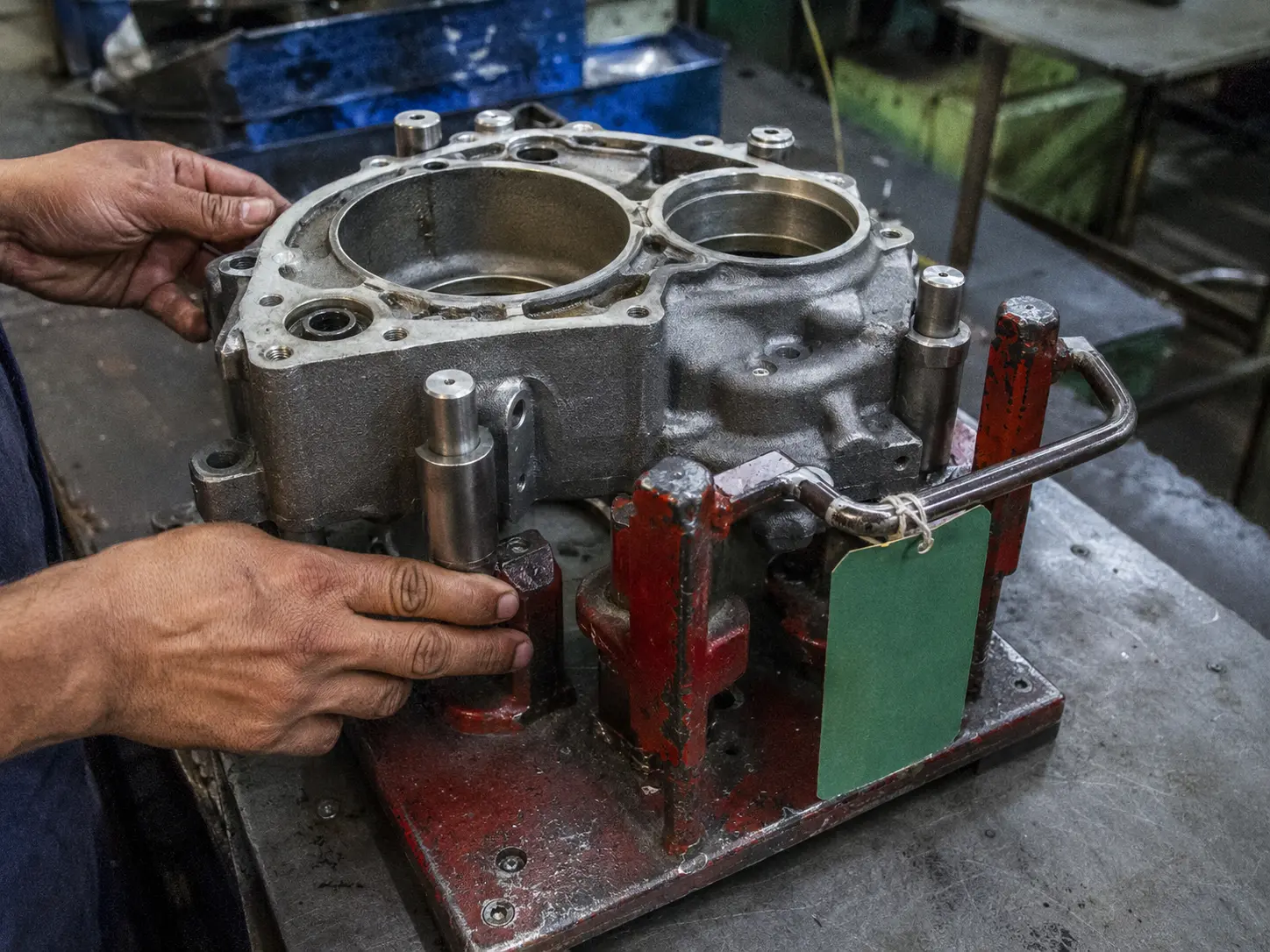 Cast gearbox housing seated in its red pass fail checking fixture on the bench at our India partner facility