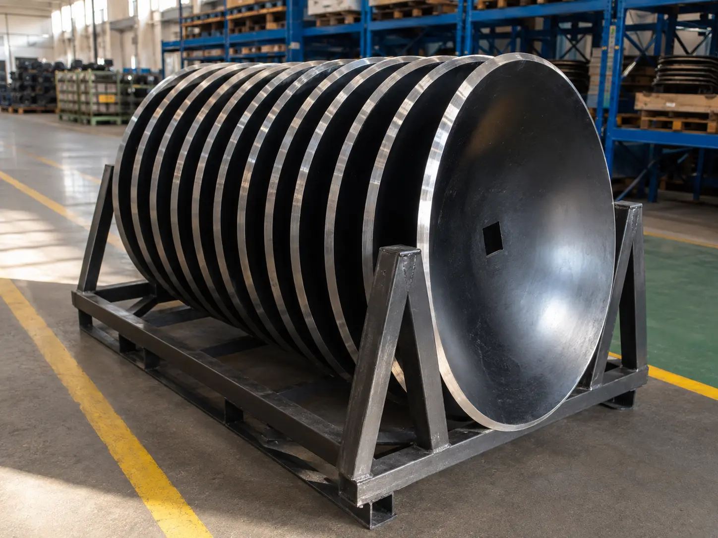 Concave harrow disc blades with bright bevelled cutting edges racked for dispatch at a VIA INDIGOS partner plant in India
