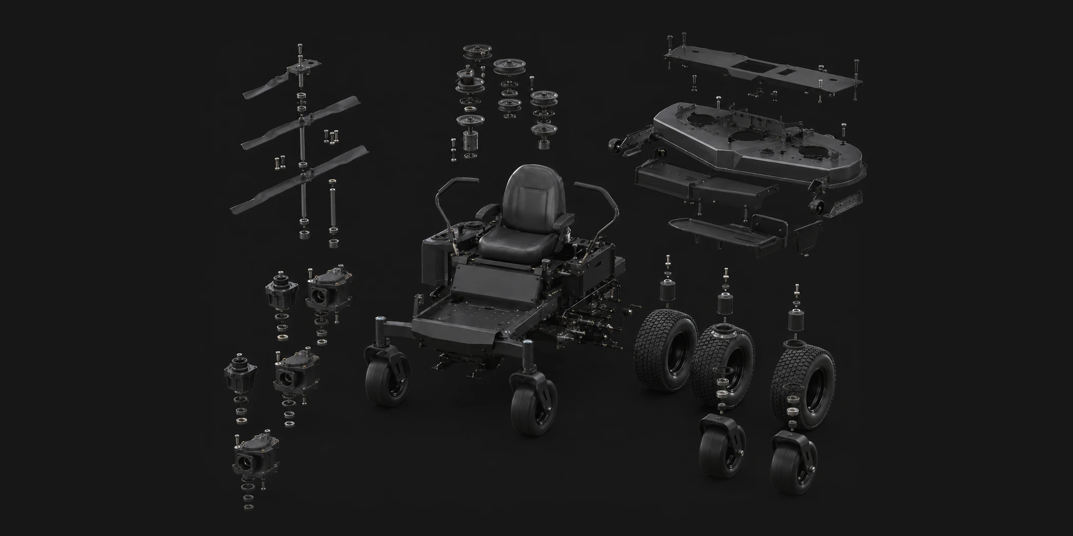 Zero turn mower separated into cast, forged, machined, stamped, rubber and molded agricultural part families