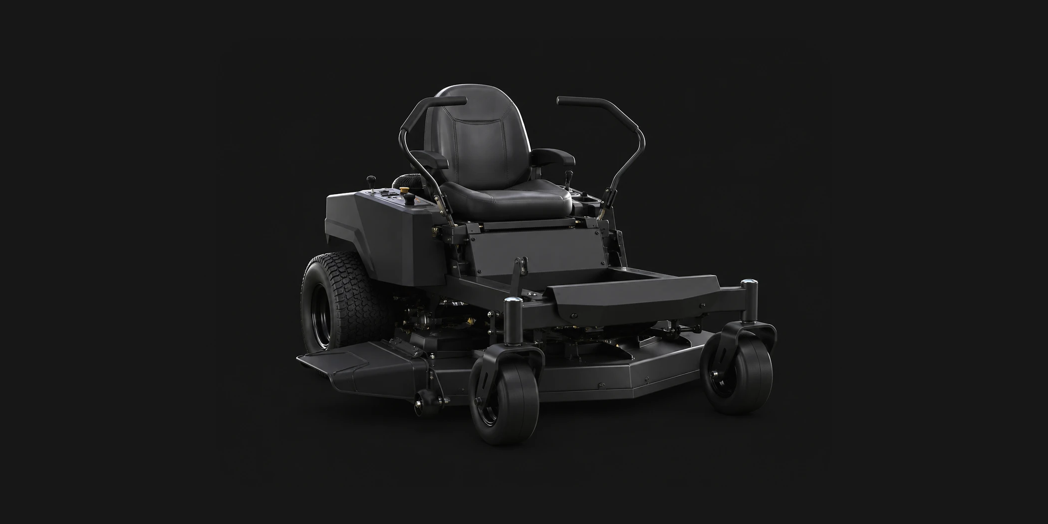 Matte charcoal zero turn mower representing the finished machine built from the agricultural part families made through VIA INDIGOS