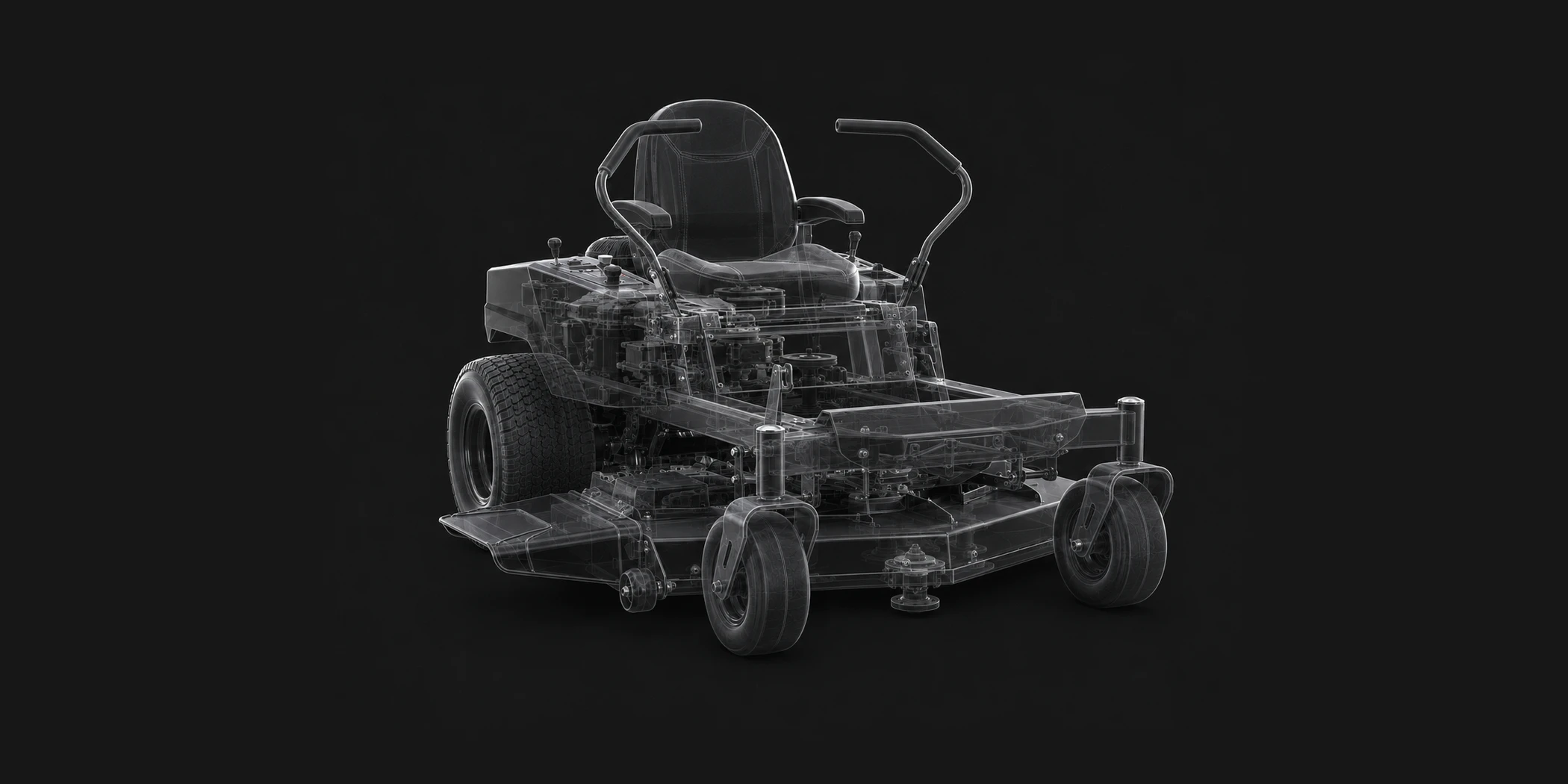 See through zero turn mower showing deck, spindle, blade, drive and rubber parts made through India partner plants
