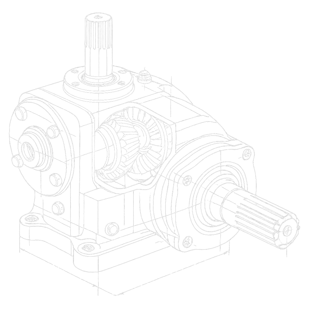 Technical CAD line drawing of a PTO right angle bevel gearbox for VIA INDIGOS agricultural parts manufacturing in India