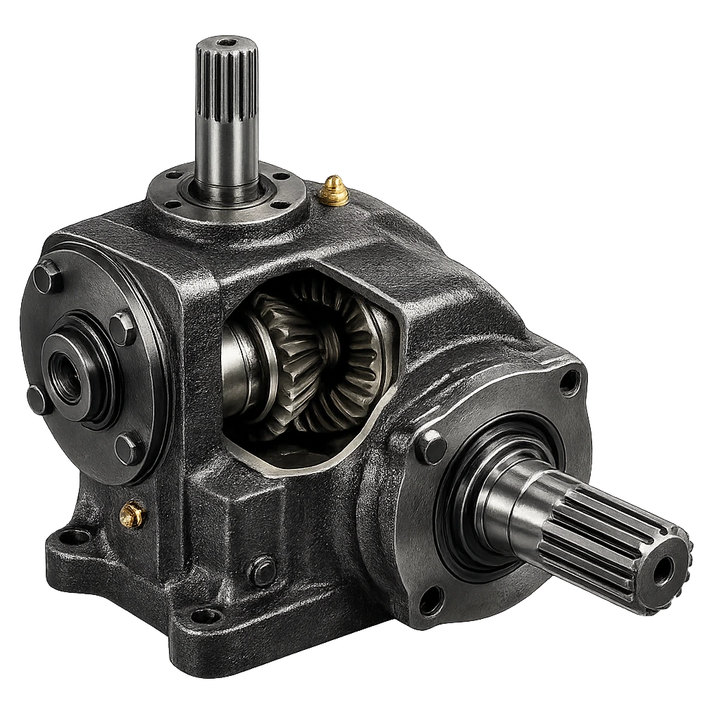 Cast iron PTO bevel gearbox with exposed spiral bevel gears machined through VIA INDIGOS partner plants in India
