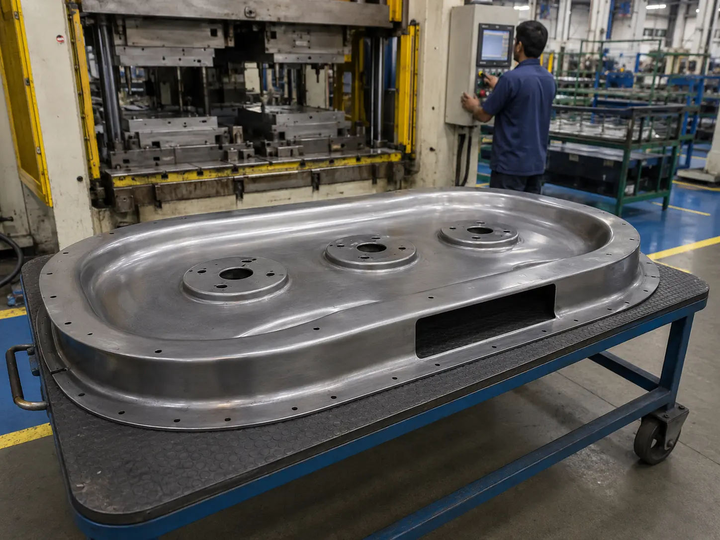 Freshly stamped lawn mower deck shell with spindle pads and discharge opening beside the press at a VIA INDIGOS partner stamping plant in India