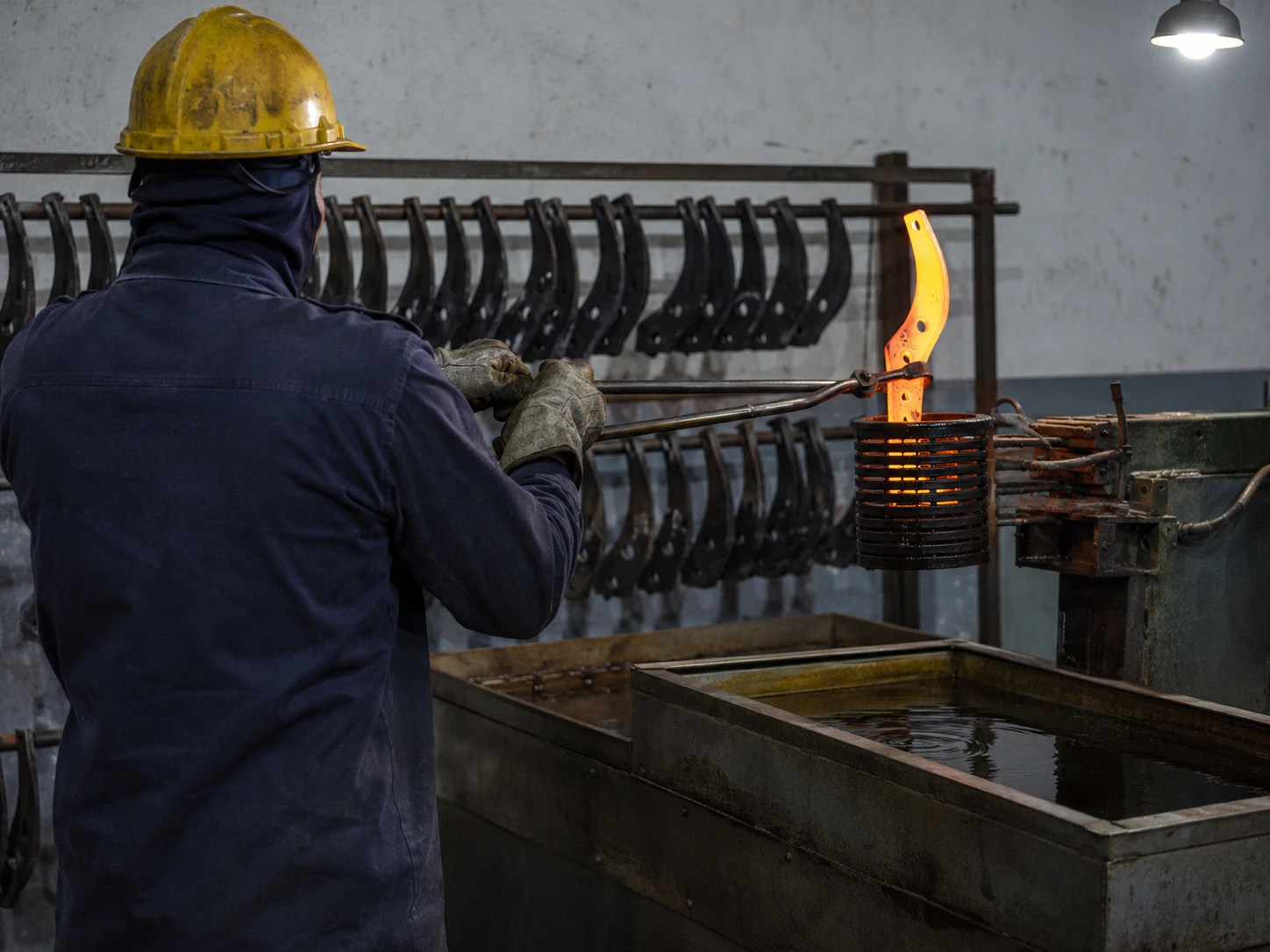 Glowing boron steel tiller blade lifted from the induction coil for oil quenching at a VIA INDIGOS partner heat treatment shop in India