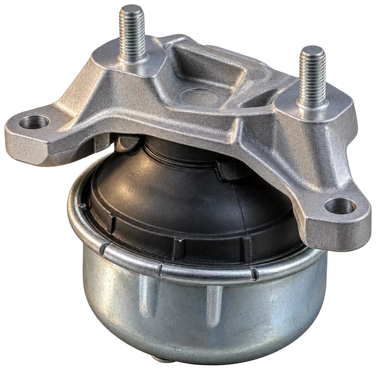 Hydraulic engine mount manufactured in India by VIA INDIGOS: cast aluminum housing, bonded rubber element and crimped steel can under studio light