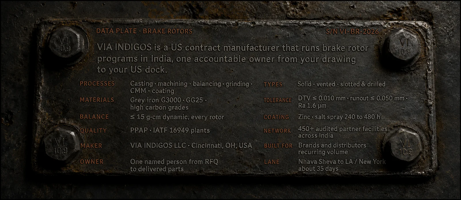 Cast iron data plate engraved with the VIA INDIGOS brake rotor program: processes, materials, tolerances, balance, coating, quality, network, and shipping lane