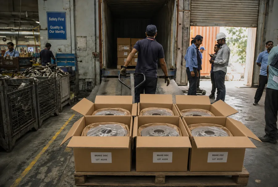 Brake rotors palletized and loaded into a container for US delivery from India